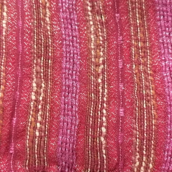 Charming Charlie Pink Red Silver Metallic Thread Woven Scarf with Fringe - Picture 3 of 5